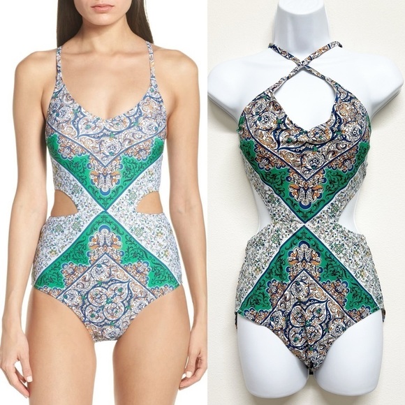 Tory Burch Womens Mixed Print Cut Out One Piece Strappy Swim Suit Size M - Picture 2 of 10